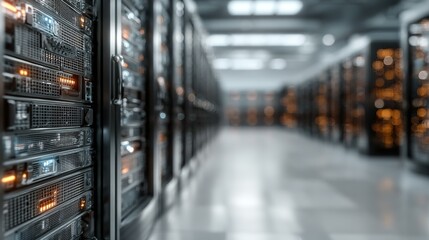 Rows of server racks in a data center with blinking lights and blurred background.