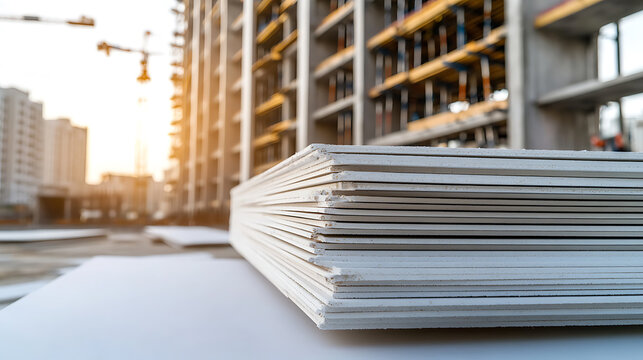 Stack of drywall at a construction site. Building materials ready for installation in a construction area with cranes and buildings in the blurred background.