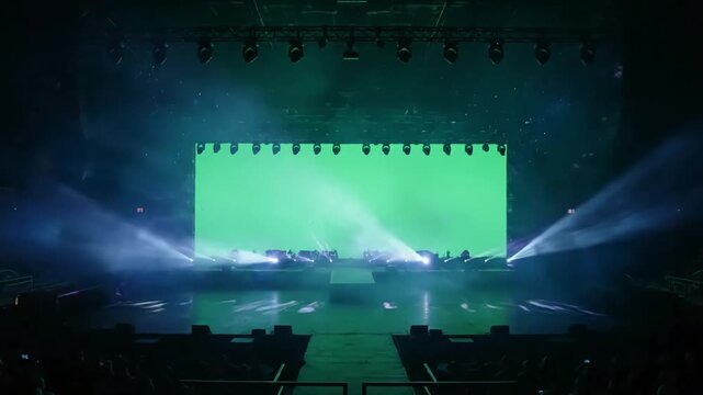 VFX Background Plate with green screen chroma key model released back view of huge crowd dancing and cheering at a concert or show shot on red helium 8k in raw distortion, overlay, glitch, static