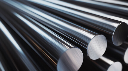 Precision-cut metal rods gleam with a smooth, reflective finish, neatly arranged in parallel alignment. Steel bars showcase industrial strength and uniformity in material engineering.