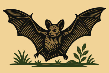 Bat flying over grass in bold linocut minimalistic style with thick black outlines and earthy background ideal for Halloween label or natural packaging design