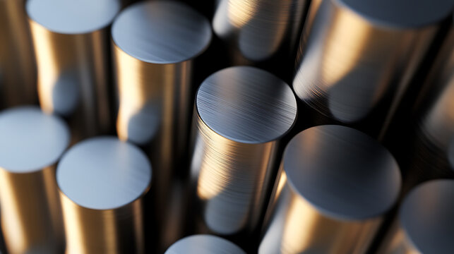 A collection of metal rods is captured in a close-up shot, showcasing their smooth, reflective surfaces and cylindrical forms. The light catches the metallic sheen, creating a striking visual.