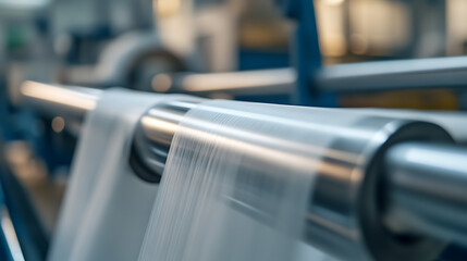 Industrial fabric manufacturing features a material stretched between rollers on a machine, showcasing the precision and scale of textile production.