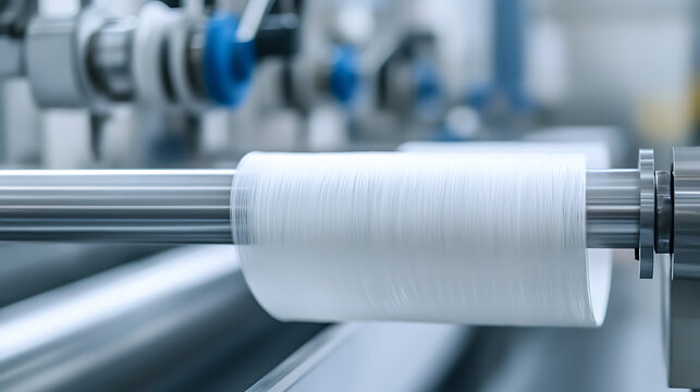 Close-up shot of industrial machine spinning a white thread onto a metal cylinder with blurred background. Captures precision and automation in textile manufacturing process.