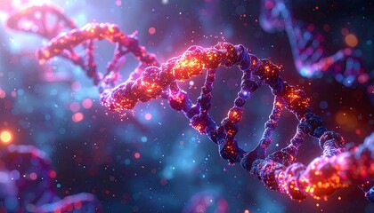 Glowing, close-up view of a DNA double helix, showcasing its complex, spiral structure