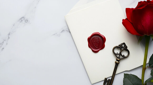 Elegant stationery with a red rose and an antique key on a marble background 
