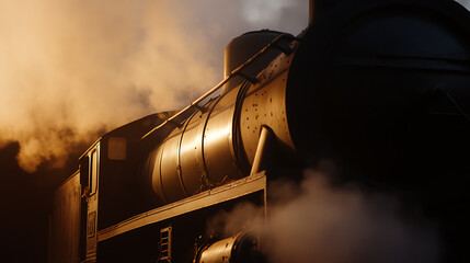 Witness the majestic power of a vintage steam engine, its silhouette emerging amidst billows of smoke, as it recalls a bygone era of industrial might and captivating journeys.
