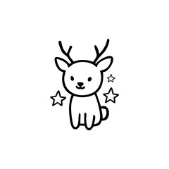 Cartoonish deer sits with stars, outlined in black