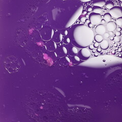 Una toma de cerca de un fondo abstracto de varias burbujas en agua y aceite en movimiento en un fondo de color morado o violeta oscuro con algo de desenfoque