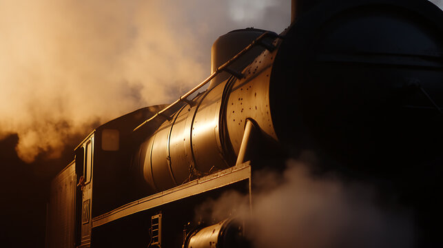 Witness the majestic power of a vintage steam engine, its silhouette emerging amidst billows of smoke, as it recalls a bygone era of industrial might and captivating journeys.