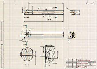Mechanical engineering drawings on light background. Cutting tools, milling cutter. Technical Design. Cover. Blueprint. Horizontal seamless pattern. Vector illustration.