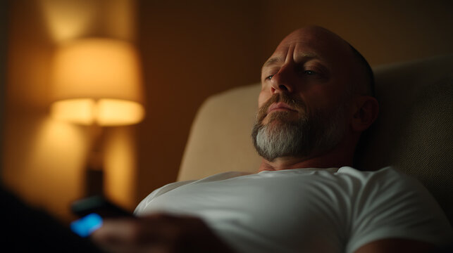 Relaxed man watching TV in dim lighting, face illuminated by the screen. Cozy night in with a white shirt, focus on leisure and entertainment.
