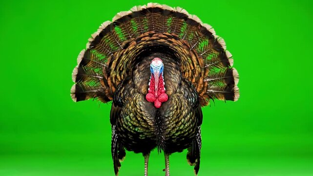 Farm & Domestic Animals with turkey opens feathers and makes a sound twice bronze isolated green screen 1 5 year weight is 12 kilograms distortion, overlay, glitch, static noise, scan lines on black
