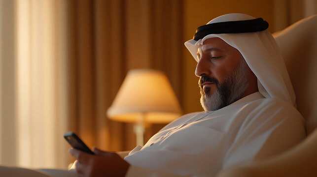 A man in traditional Arabian attire, engrossed in his smartphone. The warm lighting and cozy setting create a sense of modern tradition and serene digital engagement.