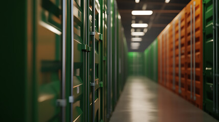 A warehouse aisle with stacked shipping containers. The repetitive lines and industrial lighting create a mesmerizing visual. Storage solutions presented in an appealing composition.