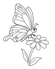 Obraz premium A black and white drawing of a butterfly on a flower, coloring page for kids