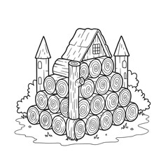 Fototapeta premium A black and white illustration of a log cabin and towers built on stacked logs, coloring page for kids
