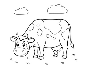 A black and white outline drawing of a cow in a field with grass and clouds, coloring page for kids