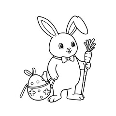 A cartoon rabbit holding a carrot and a basket with an egg