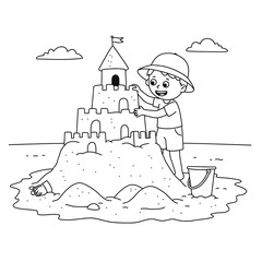 A child builds a sandcastle at the beach with a bucket and shovel