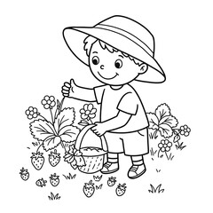 A child in a hat picks strawberries and holds a basket