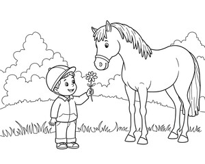 A child offers a flower to a horse in a grassy field with clouds