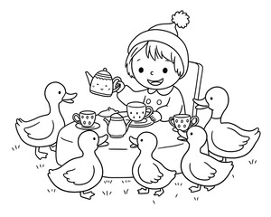 A child serves tea to ducks at a table