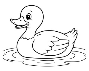 A black and white cartoon of a duck floating in water
