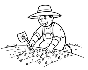 A farmer wearing overalls and a hat plants seeds in a row