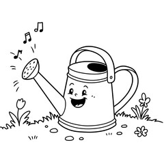 A happy cartoon watering can with a face surrounded by grass and flowers