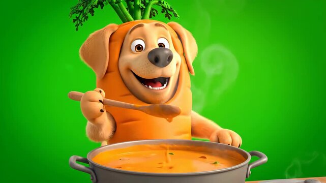 Cartoon Dog in Carrot Costume Stirring Soup Pot Against Green Background Cartoon Dog Character with Orange Carrot Outfit and Smiling Face Cooking