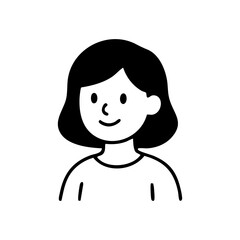 Line drawing of a smiling woman with short, dark hair