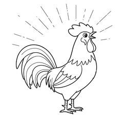 Black and white illustration of a rooster crowing with radiating lines