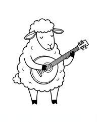 Black and white illustration of a sheep playing a stringed instrument