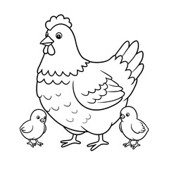 Black and white line drawing of a hen with two chicks