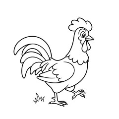 Black and white line drawing of a rooster on grass