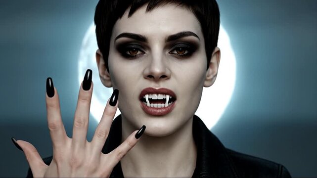 Vampires with Short Black Hair Revealing Fangs as the Moon Rises