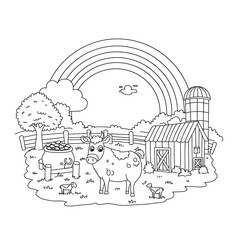 Farm scene with cow sheep barn silo pot of gold rainbow tree fence