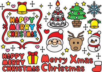 Cute Christmas Icons & Lettering Set | Pop Holiday Design Elements for Commercial Use(color)-かわいいクリスマスアイコン＆文字素材セット｜ポップ・デザイン・商用向け (カラー)