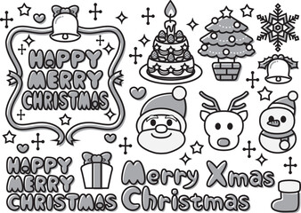 Cute Christmas Icons & Lettering Set | Pop Holiday Design Elements for Commercial Use(monochrome)-かわいいクリスマスアイコン＆文字素材セット｜ポップ・デザイン・商用向け (モノクロ)