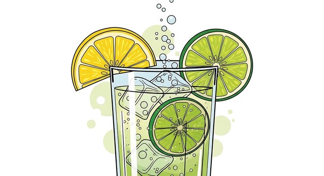 Hand drawn illustration of a refreshing citrus soda with lemon and lime slices.