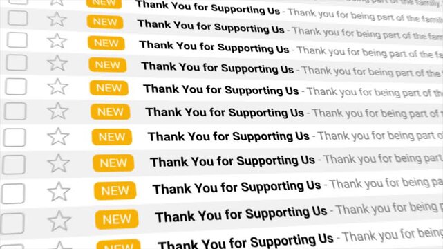 Thank You for Supporting Us emails flood into a digital inbox in a flowing animation. Perfect for conveying appreciation, customer loyalty, community support, and positive feedback.