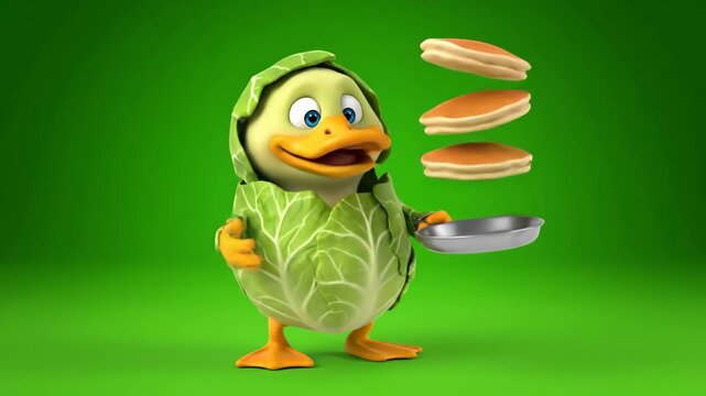Whimsical Duck Character in Cabbage Outfit with Pancakes on Green Background