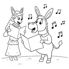 Two donkeys sing from songbooks with musical notes above
