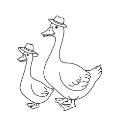 Two linedrawing geese wearing hats stand sidebyside