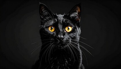 Close up portrait of a black cat with bright orange eyes against a dark background with small white speckles on its fur