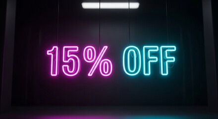 Illuminated fifteen percent off neon sign against a dark background