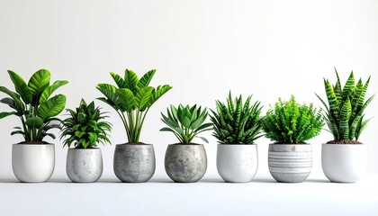 Collection Of Various Potted Green Plants Lined Up On A White Surface With A White Wall Background In Natural Daylight