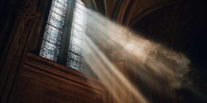 Volumetric light rays (God rays) streaming through a cathedral window, illuminating dust motes in the air, creating a heavenly glow, architectural detail.