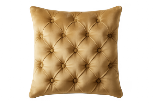 Yellow velvet tufted pillow cushion on transparent background